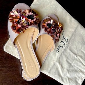 J.Crew Satin Slides with Floral Embellishments in Warm Sandstone; size 8M
